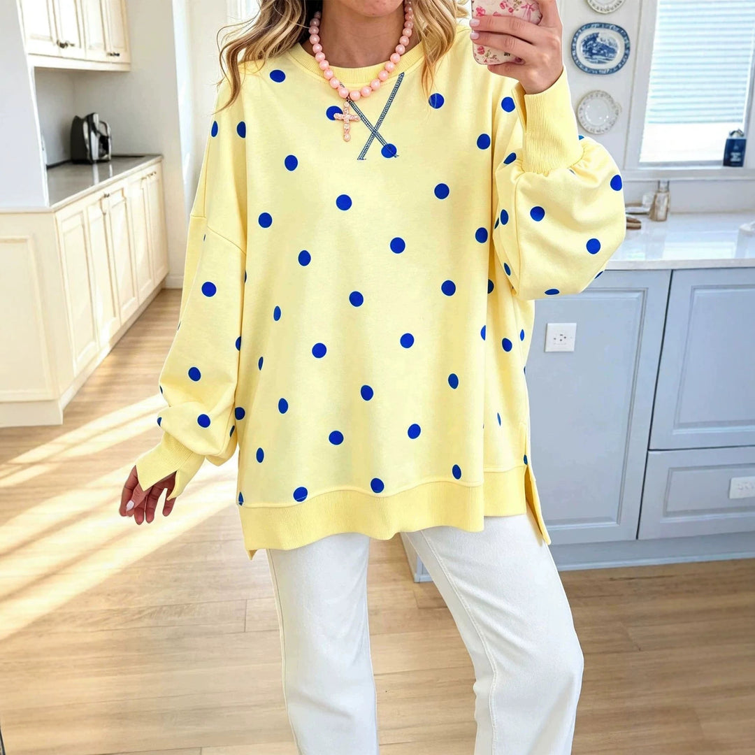 Damen Oversize-Sweatshirt mit Puffärmeln, Polka-Dots und Seitenschlitzen Nord Taschen