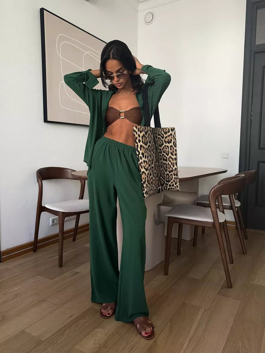 Damen Zweiteiliges Lounge-Set Oversize-Bluse mit Brusttasche und weiter Palazzo-Hose Nord Taschen