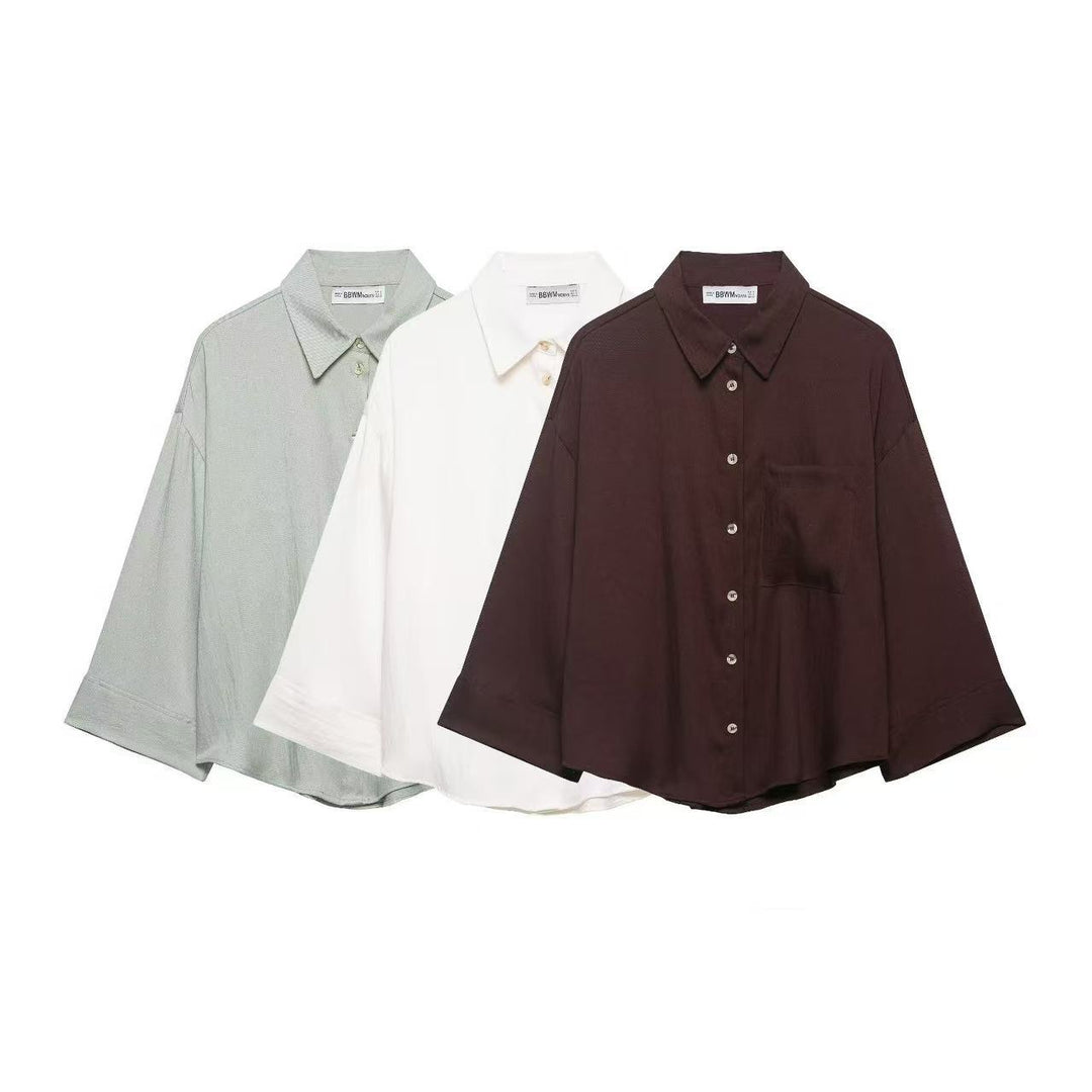 Damen Oversized Leinenoptik-Hemdbluse mit weiten Dreiviertelärmeln und Brusttasche Nord Taschen