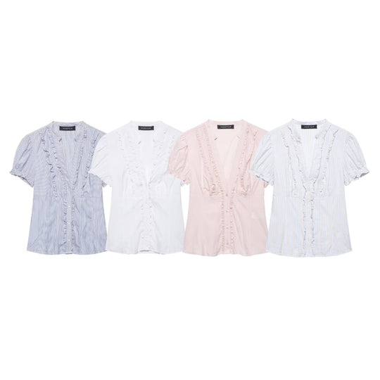 Damen Rüschenbluse mit V-Ausschnitt, Puffärmeln und tailliertem Schnitt Nord Taschen