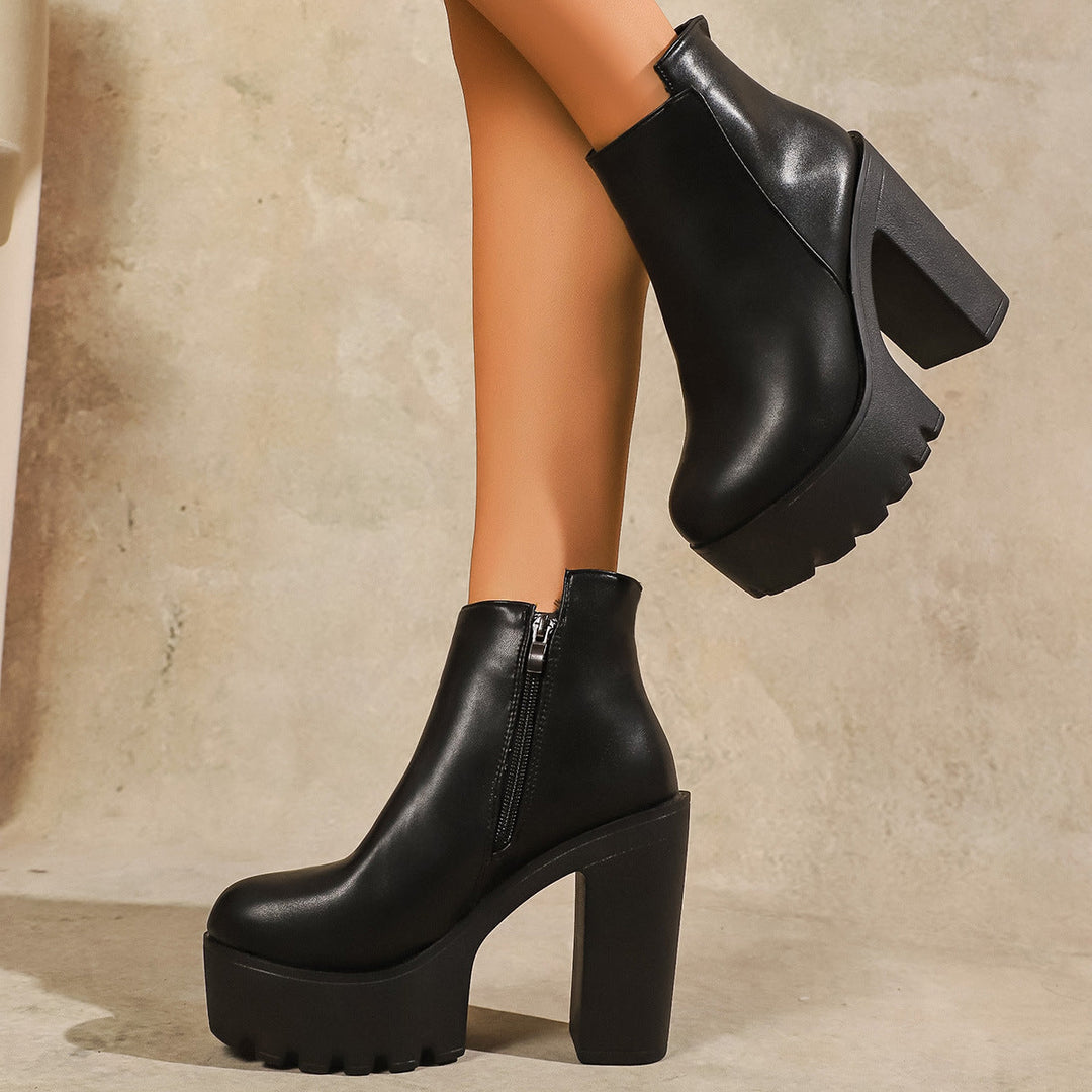 Damen Modische Plateau Stiefeletten mit markantem Blockabsatz und Reißverschluss