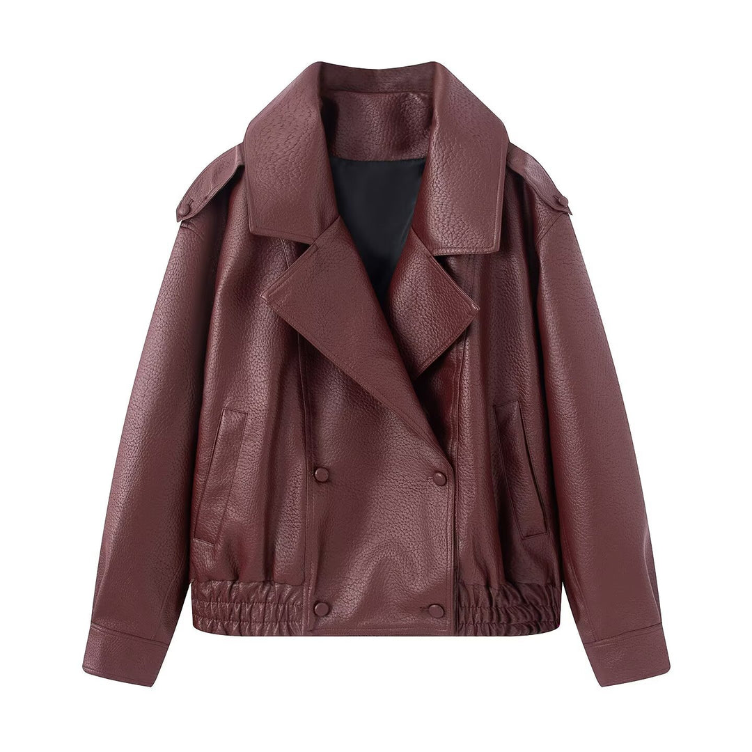 Damen Oversized Kunstlederjacke mit großem Revers, doppelreihiger Druckknopfleiste und elastischem Saum Nord Taschen