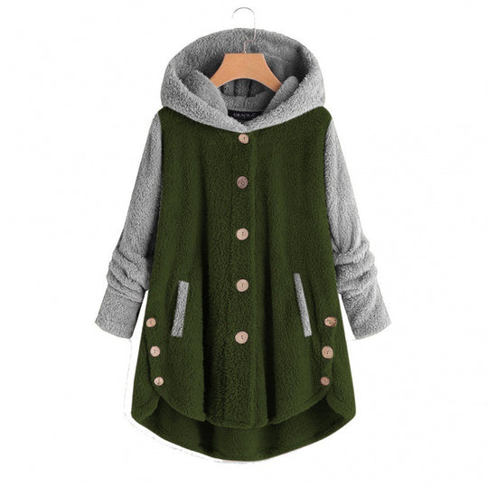 Damen Oversized Teddy-Mantel mit Kapuze, asymmetrischem Zipfelsaum und Holzknopf-Leiste Nord Taschen