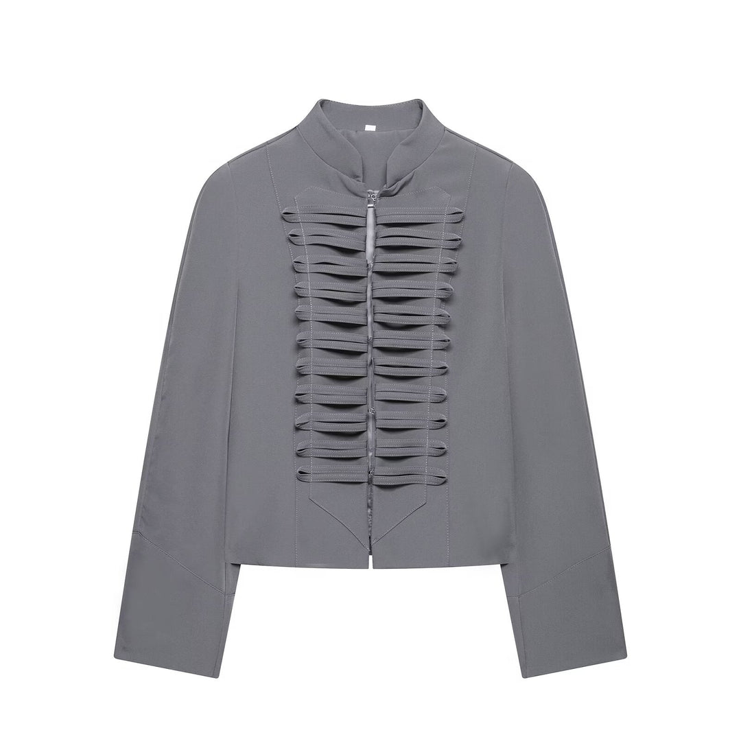 Damen Kurzbluse-Jacke mit gefalteter Rüschenpasse und Stehkragen Nord Taschen