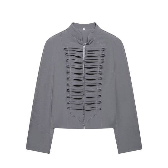 Damen Kurzbluse-Jacke mit gefalteter Rüschenpasse und Stehkragen Nord Taschen
