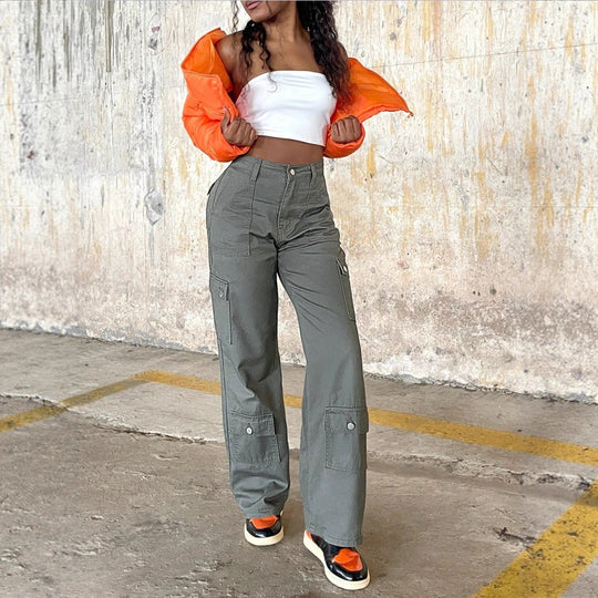 Damen Cargo-Hose mit hoher Taille, weitem Bein und aufgesetzten Pattentaschen Nord Taschen