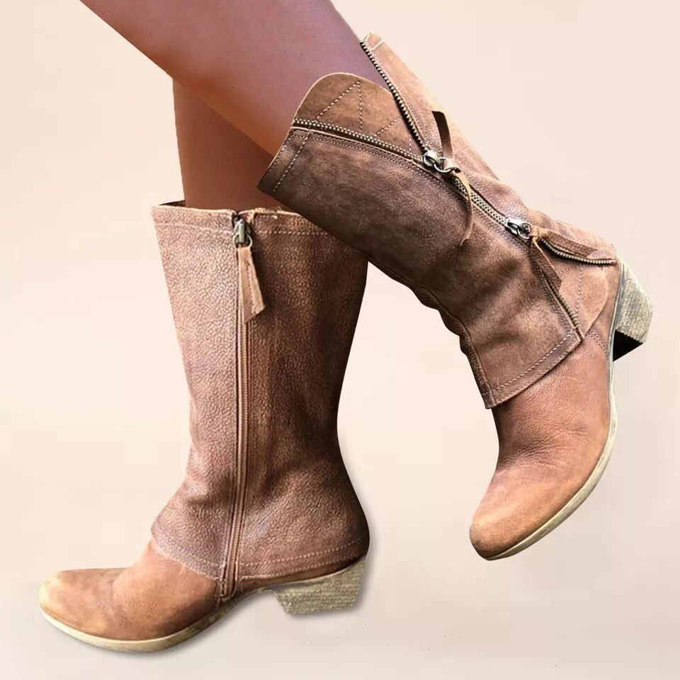 Damen Knöchel- bis wadenhohe Reißverschluss-Stiefel mit dekorativem Metallreißverschluss und niedrigem Blockabsatz Nord Taschen