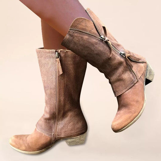 Damen Knöchel- bis wadenhohe Reißverschluss-Stiefel mit dekorativem Metallreißverschluss und niedrigem Blockabsatz Nord Taschen