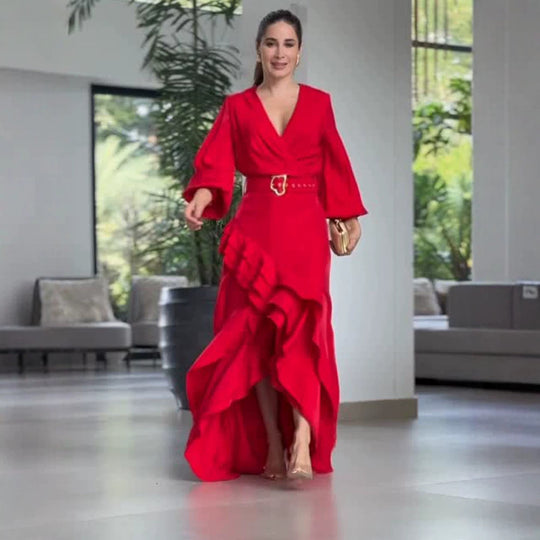 Damen Elegantes Wickel-Maxikleid mit Volants, tailliertem Gürtel & weitem Glockenärmel Nord Taschen