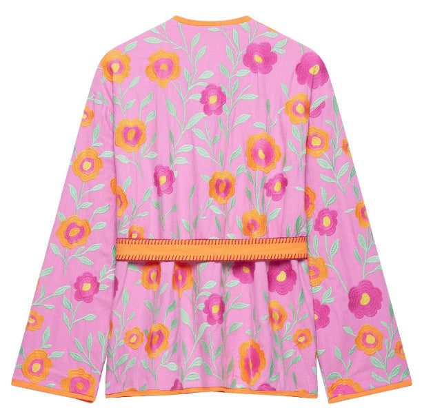 Damen Bestickte Kimonojacke mit Blumenstickerei, Bindegürtel und kontrastierendem Besatz Nord Taschen