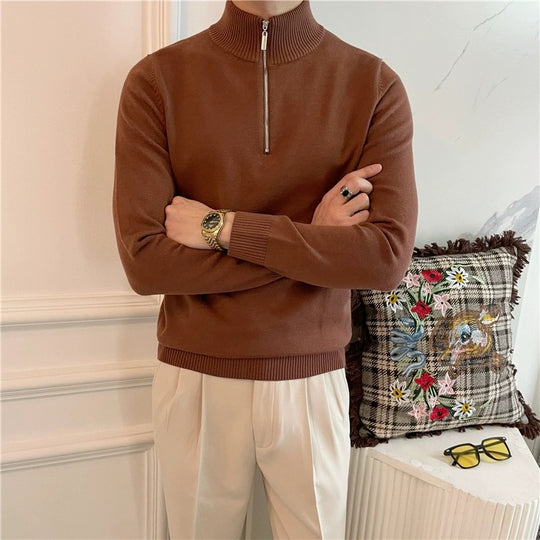 Herren Feiner Halbzip-Strickpullover mit Stehkragen und gerippten Bündchen Nord Taschen