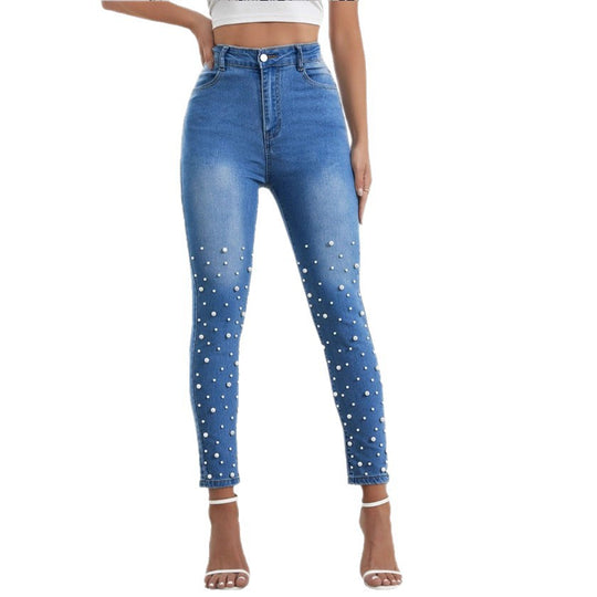 Damen hochgeschnittene Skinny-Jeans mit Perlenapplikation Nord Taschen