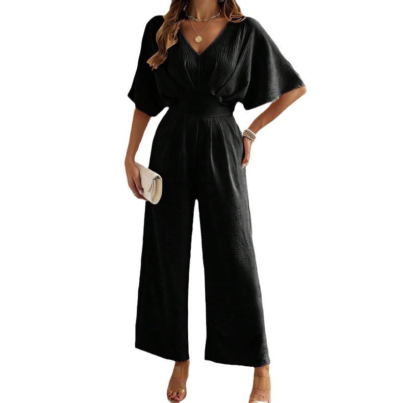 Damen Weit geschnittener Jumpsuit mit eleganten Drapierungen und V-Ausschnitt Nord Taschen
