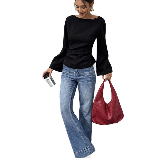 Damen Bootneck-Langarmshirt mit weitem Manschettenärmel und figurbetonter Seitennaht Nord Taschen