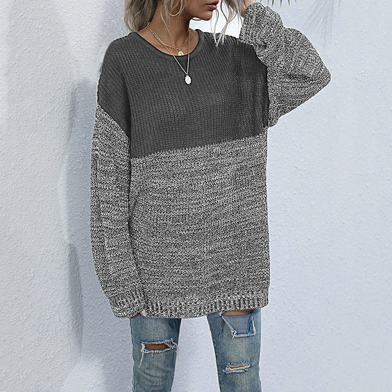 Damen Oversize Strickpullover mit Colorblock-Optik, rundem Ausschnitt und melierter Strukturstrick Nord Taschen