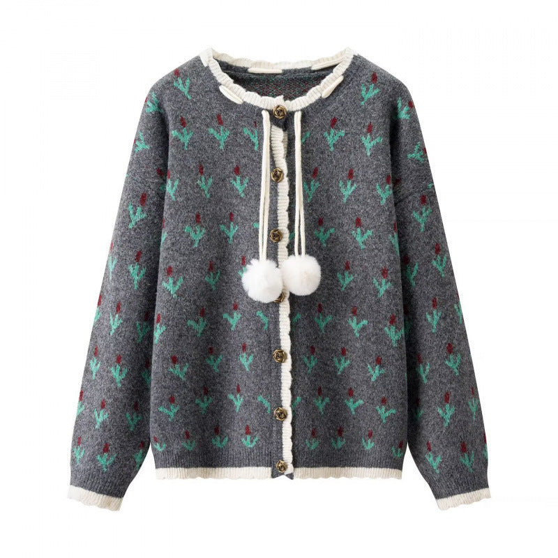 Damen Zweiteiliges Strickset mit gemustertem Cardigan, Pomponbändern und Midirock Nord Taschen