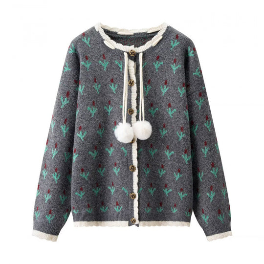 Damen Zweiteiliges Strickset mit gemustertem Cardigan, Pomponbändern und Midirock Nord Taschen