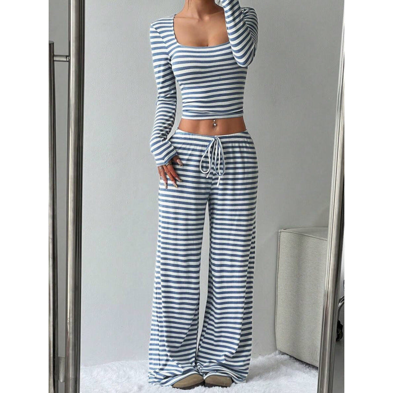 Damen Gestreifter Lounge-Zweiteiler mit weitem Bein und Cropped Langarmtop Nord Taschen