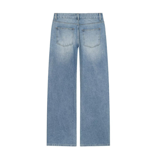 Damen Weite Highwaist-Jeans mit geradem Bein und Herz-Strassbesatz Nord Taschen