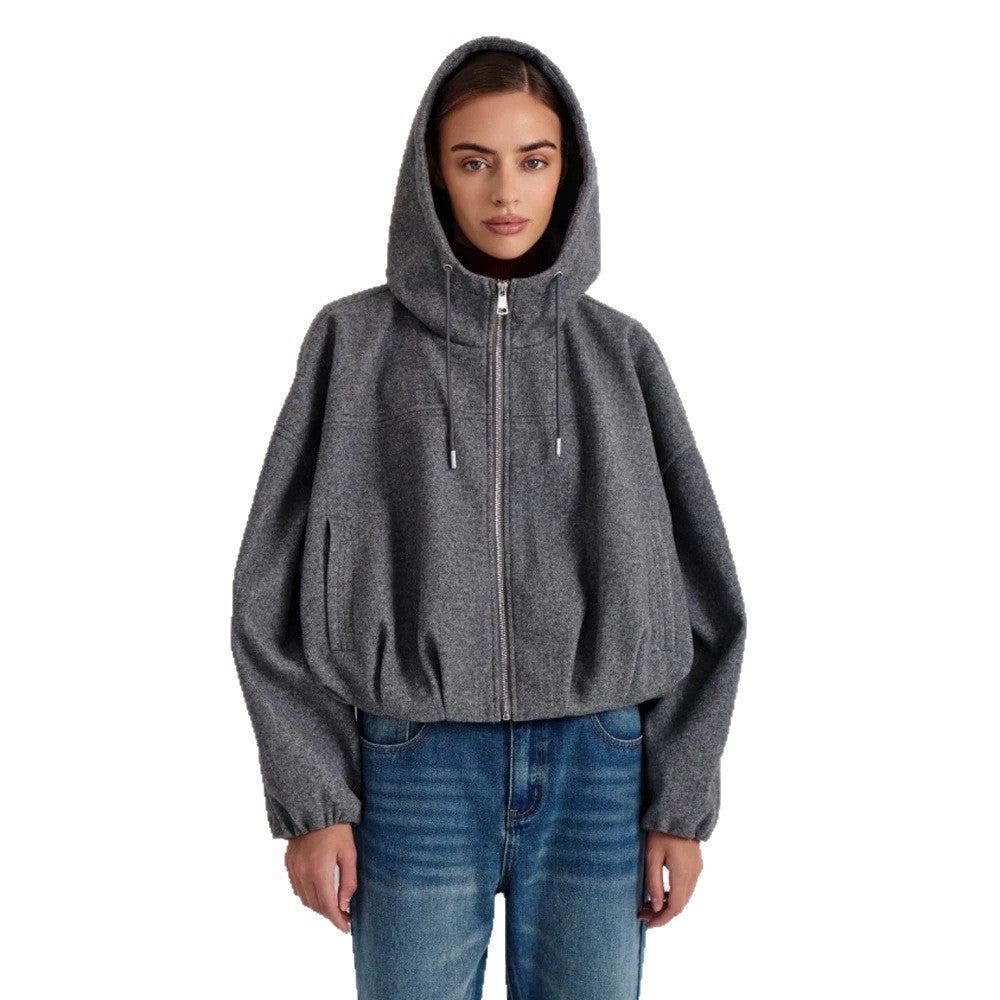 Damen Kurzjacke aus Wollmix mit Kapuze, kastiger Boxy‑Silhouette & gerafftem Saum Nord Taschen
