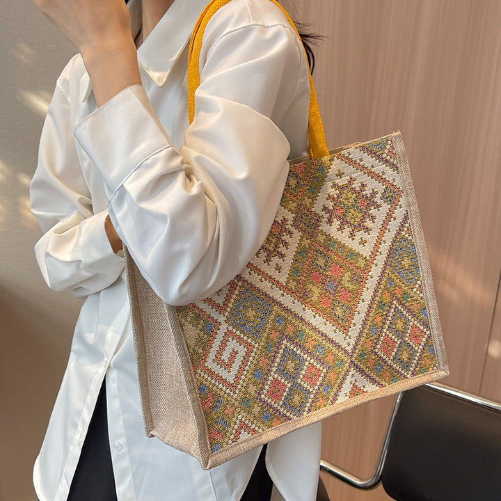 Damen Jute-Tragetasche mit farbenfrohem, geometrischem Muster Nord Taschen