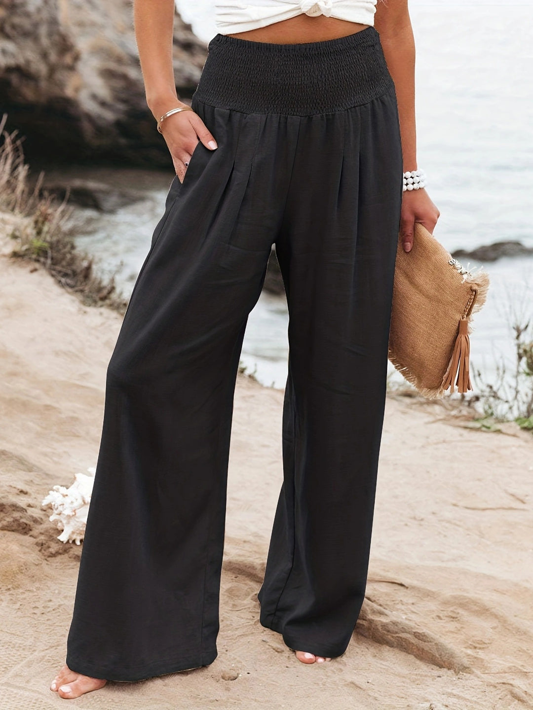 Damen Weite Leinenhose mit Smokbund und Eingrifftaschen Nord Taschen