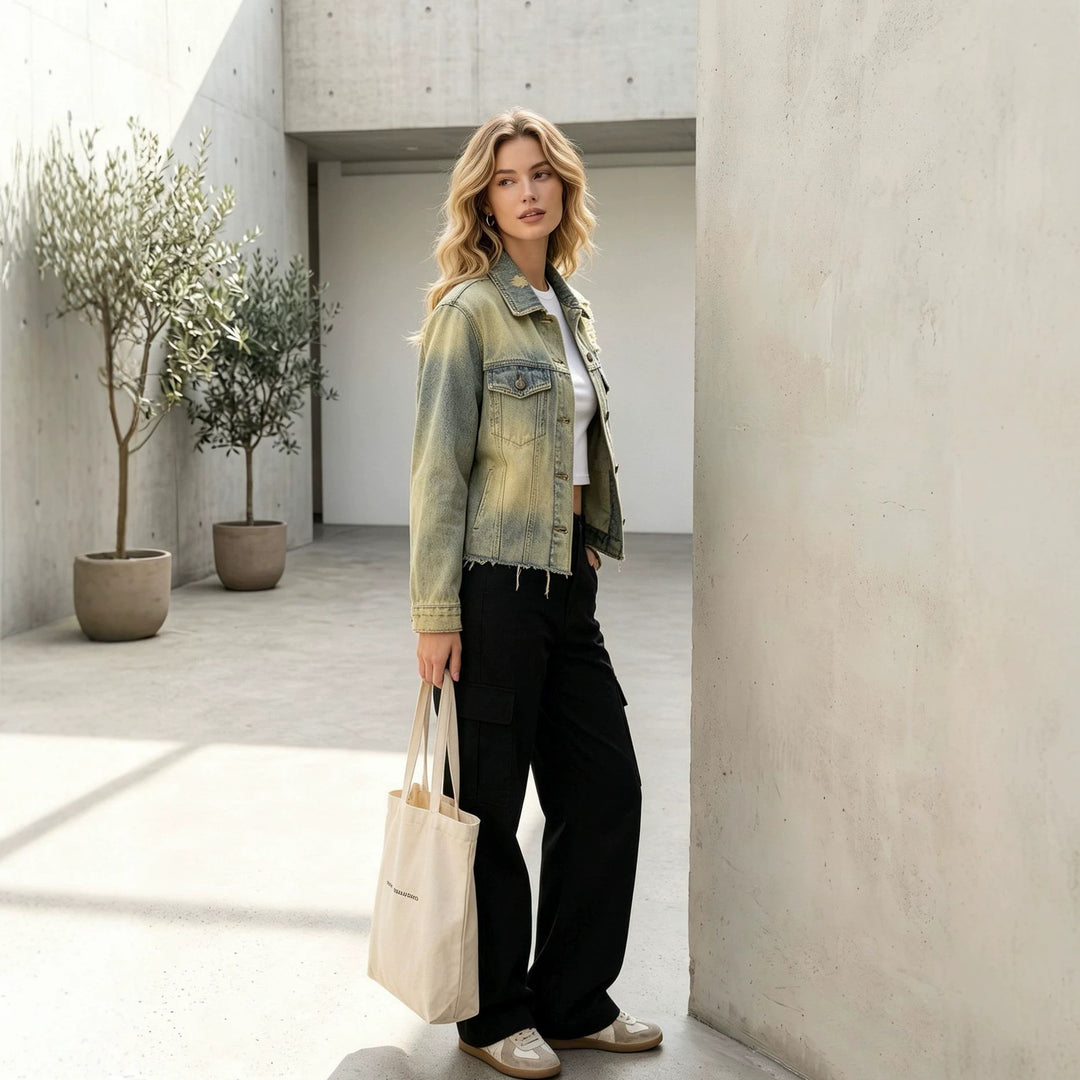 Damen kurze Denimjacke im Destroyed-Look mit Brusttaschen und rohem Saum Nord Taschen