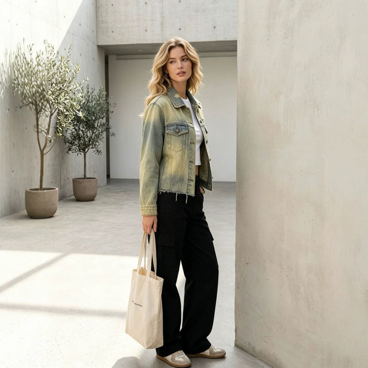 Damen kurze Denimjacke im Destroyed-Look mit Brusttaschen und rohem Saum Nord Taschen