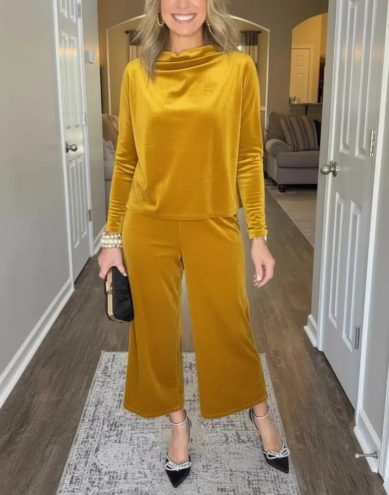 Damen Elegantes Samt-Zweiteiler mit Wasserfallkragen und weiter Culotte-Hose Nord Taschen