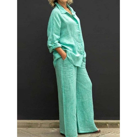Damen Relaxed-Buttondown-Hemd und High-Waist-Palazzo im Leinenoptik Nord Taschen