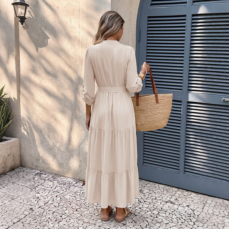 Damen Elegantes Maxikleid mit Taillengürtel und Rüschendetails Nord Taschen