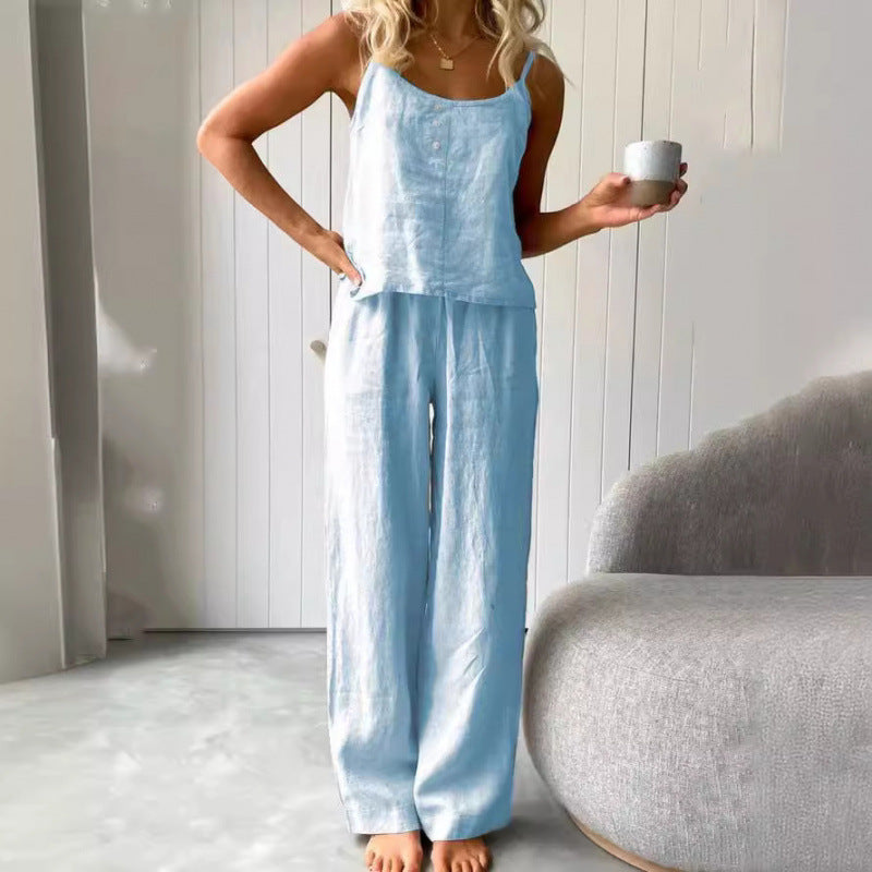 Damen lässiges Leinen-Set mit trägerloser Bluse und weiten Hosen