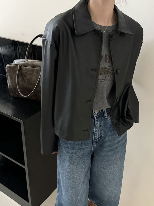 Damen Kurze Boxy-Lederjacke mit Hemdkragen Nord Taschen