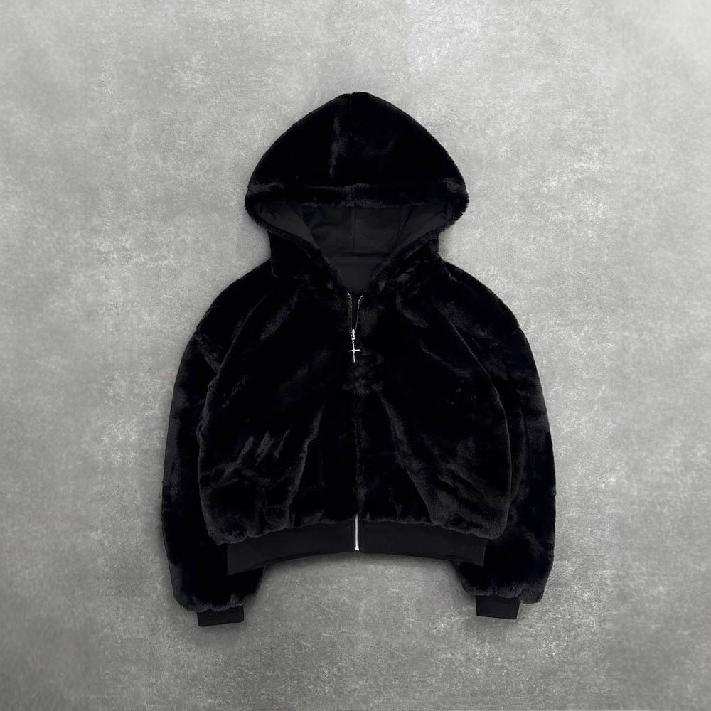 Unisex Kapuzen-Sweatjacke mit Kunstfellfutter, verkürztem Schnitt und Kreuz-Reißverschluss Nord Taschen