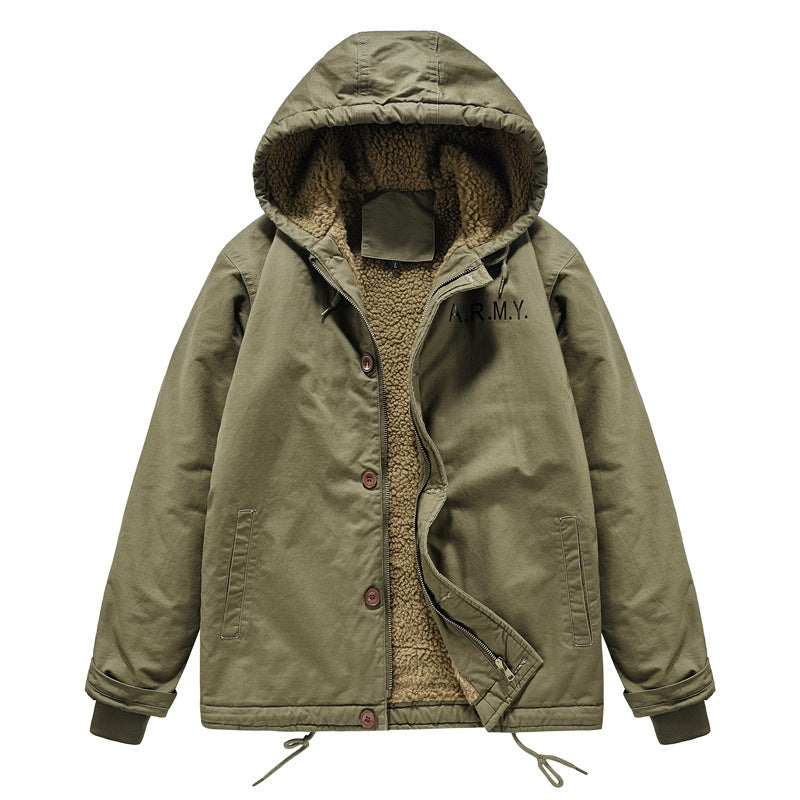 Herren wattierte Kapuzenjacke im Canvas‑Look mit Sherpa‑Futter und Militärprint Nord Taschen