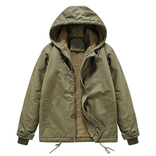 Herren wattierte Kapuzenjacke im Canvas‑Look mit Sherpa‑Futter und Militärprint Nord Taschen