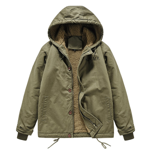 Herren wattierte Kapuzenjacke im Canvas‑Look mit Sherpa‑Futter und Militärprint Nord Taschen