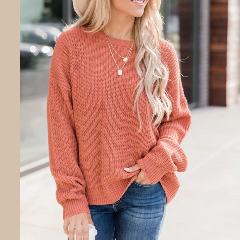 Damen Oversize Strickpullover mit Rundhalsausschnitt und gerippten Bündchen Drune