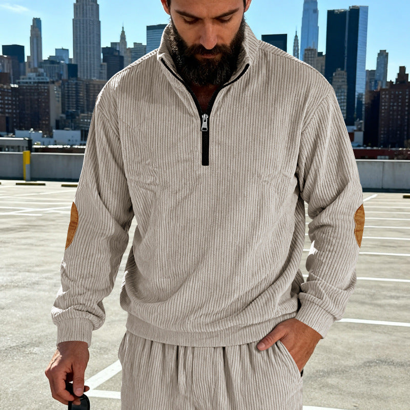 Herren Cord-Struktur-Halbzip-Pullover im Relaxed-Fit mit Stehkragen und Ellbogen-Patch Nord Taschen
