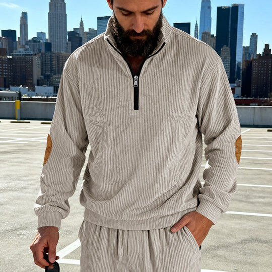 Herren Cord-Struktur-Halbzip-Pullover im Relaxed-Fit mit Stehkragen und Ellbogen-Patch Nord Taschen