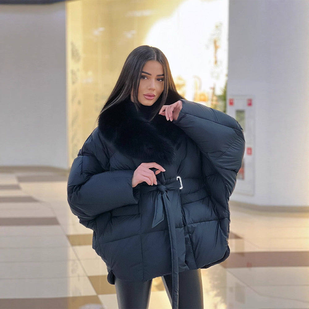 Damen Oversize Steppjacke mit Taillengürtel und Kunstfellkragen Nord Taschen
