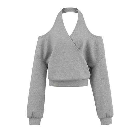 Damen Cropped Sweatshirt mit Neckholder, Cold-Shoulder und Wickeloptik Nord Taschen