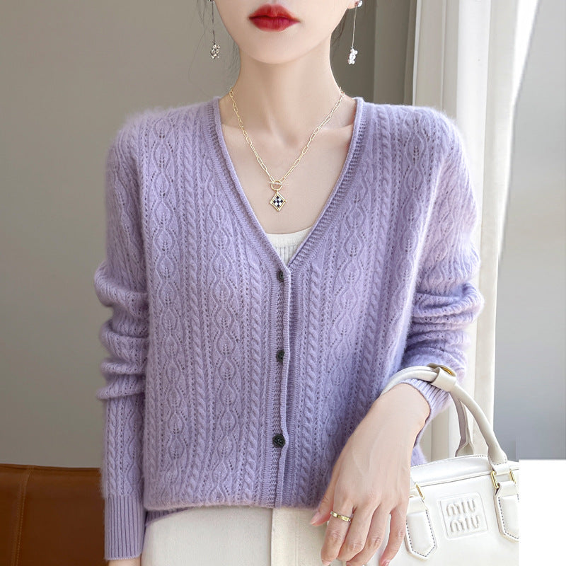 Damen Kurzer Zopfmuster-Cardigan im Mohair-Look mit V‑Ausschnitt und gerippten Bündchen Nord Taschen