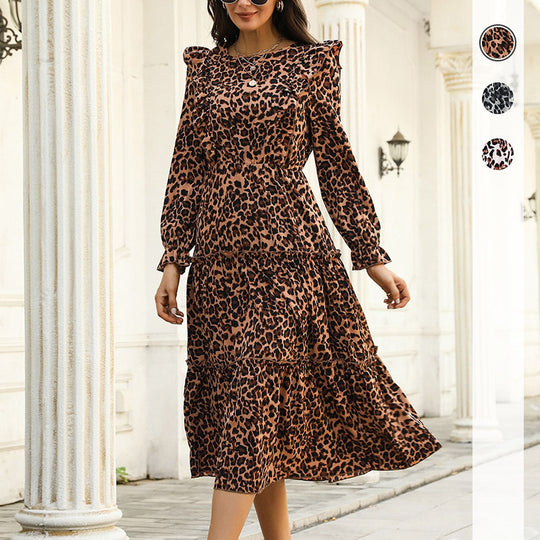 Damen Midi-Stufenkleid mit Leoprint, Volantdetails und taillierter Silhouette Nord Taschen