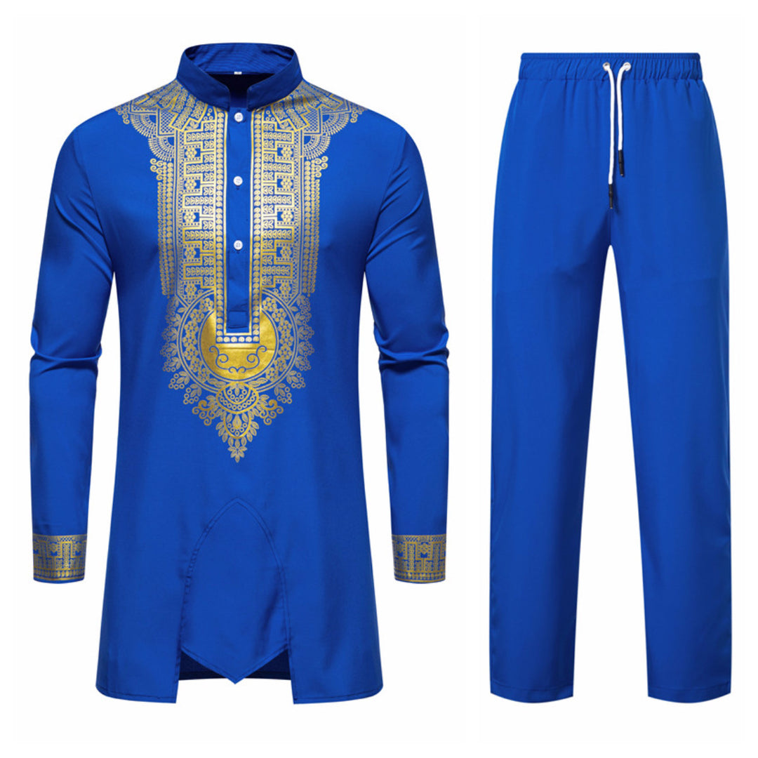 Herren Traditionelles Tunika-Set mit Stehkragen und goldfarbenem Ornamentdruck, Longshirt & Tunnelzughose Nord Taschen