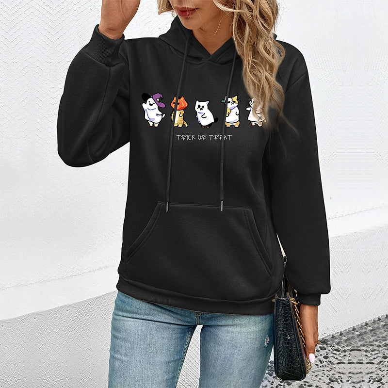 Damen Kapuzenpullover mit Cartoon-Katzen-Motiv, Kängurutasche und weichem Futter Nord Taschen