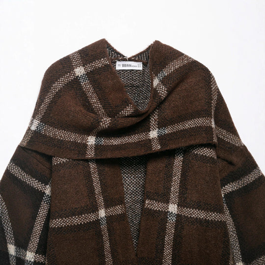 Damen Oversize Cape-Cardigan mit Kapuze, aufgesetzten Taschen und Karomuster Nord Taschen