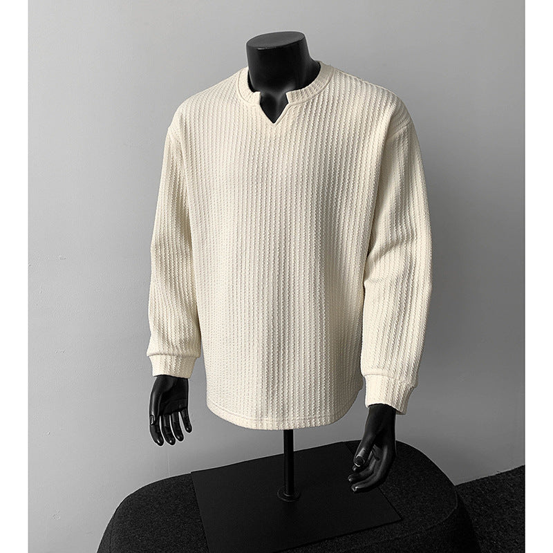 Herren grobstrukturierter Strickpullover mit V-förmigem Schlitzkragen und gerundetem Saum Nord Taschen