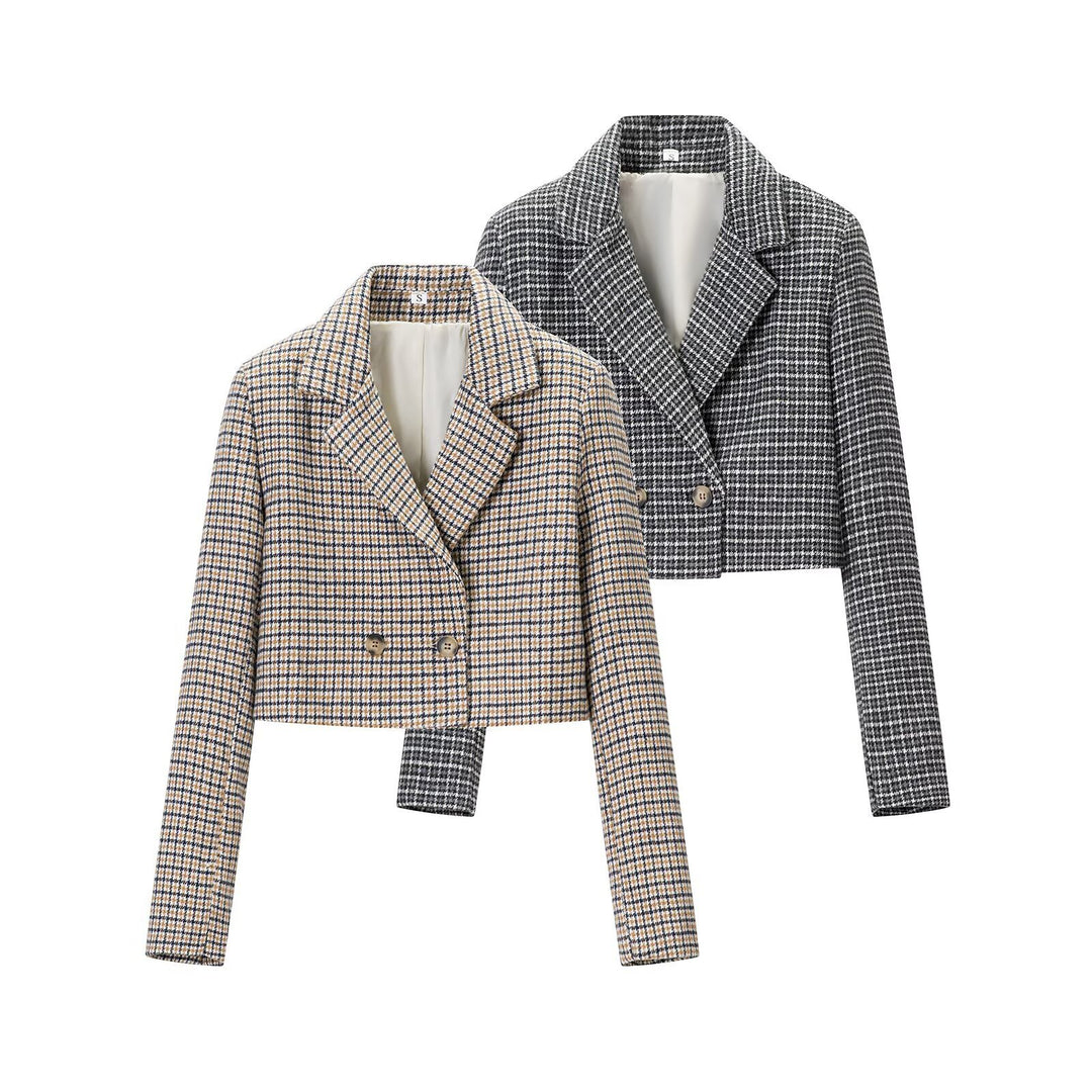 Damen Cropped Wollmischblazer mit Hahnentritt‑Muster und doppelreihiger Knopfleiste Nord Taschen