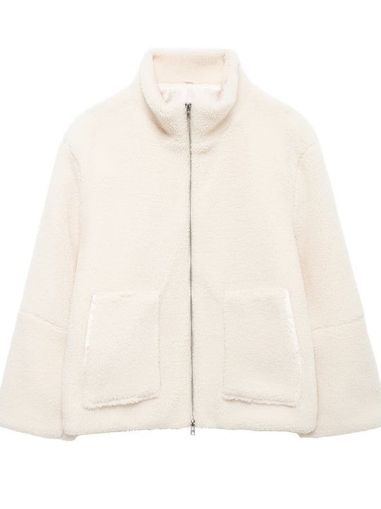 Damen Boxy-Teddyfleece-Jacke mit Stehkragen, Zwei-Wege-Reißverschluss und aufgesetzten Taschen Nord Taschen